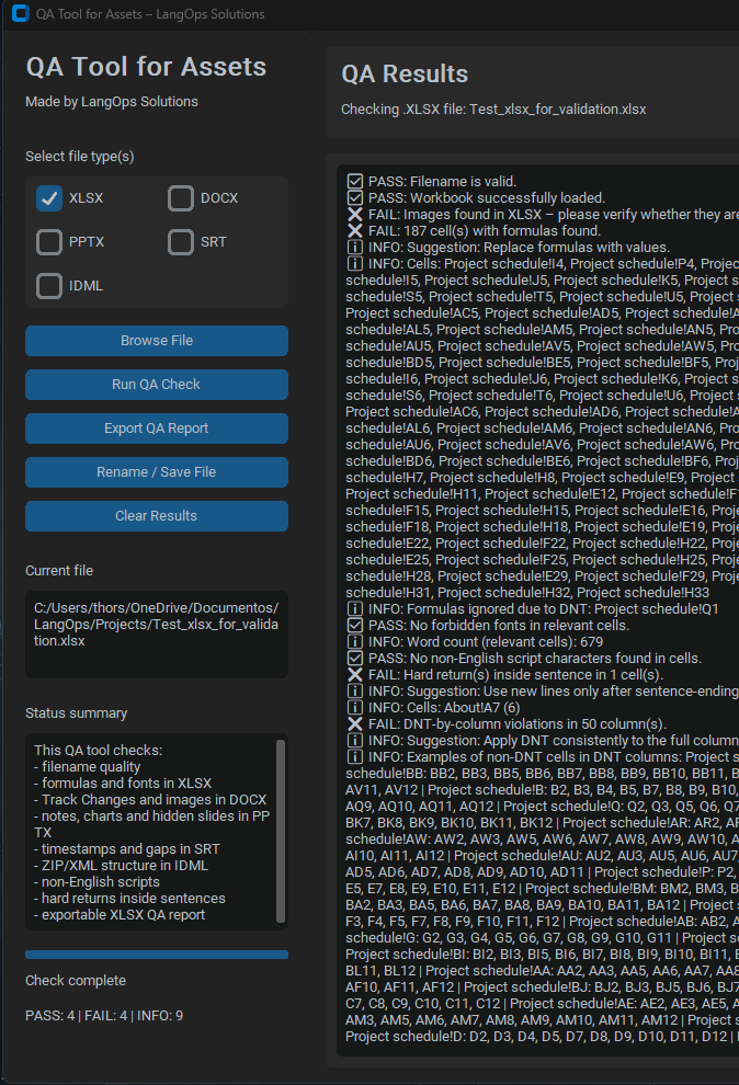 Localization asset validation framework interface