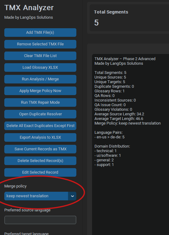 Translation memory analytics and quality framework interface